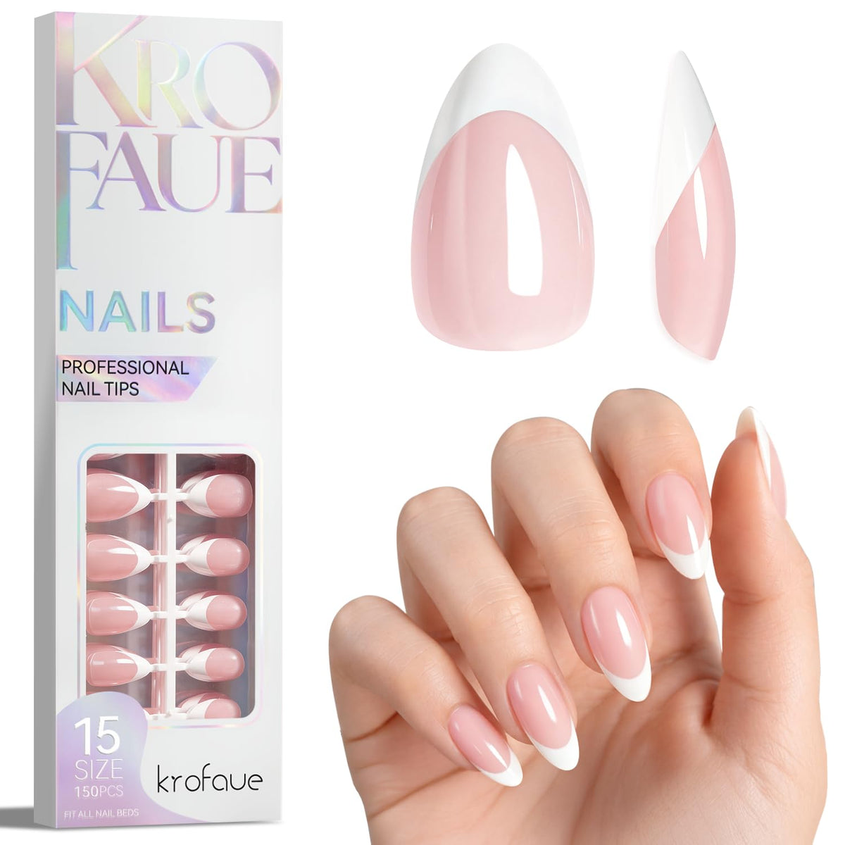 Krofaue French Tip Short Almond Nail Tips glossy front view