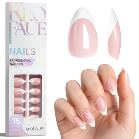 Krofaue French Tip Short Almond Nail Tips glossy front view