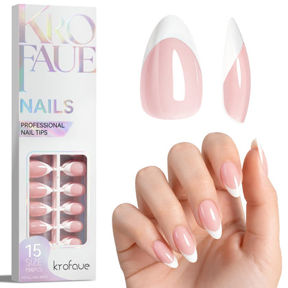 Krofaue French Tip Short Almond Nail Tips glossy front view