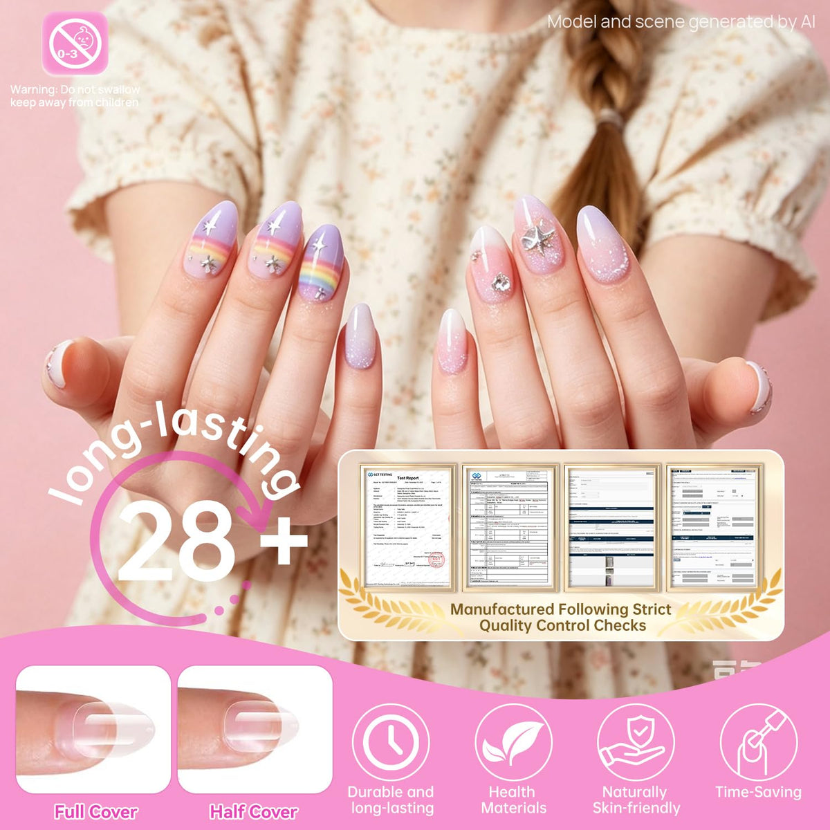 krofaue Short Kids Press on Nails in a creative nail art setup
