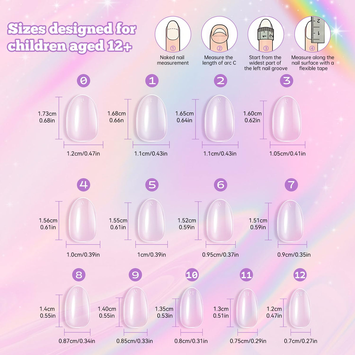 krofaue Short Kids Press on Nails showing various sizes