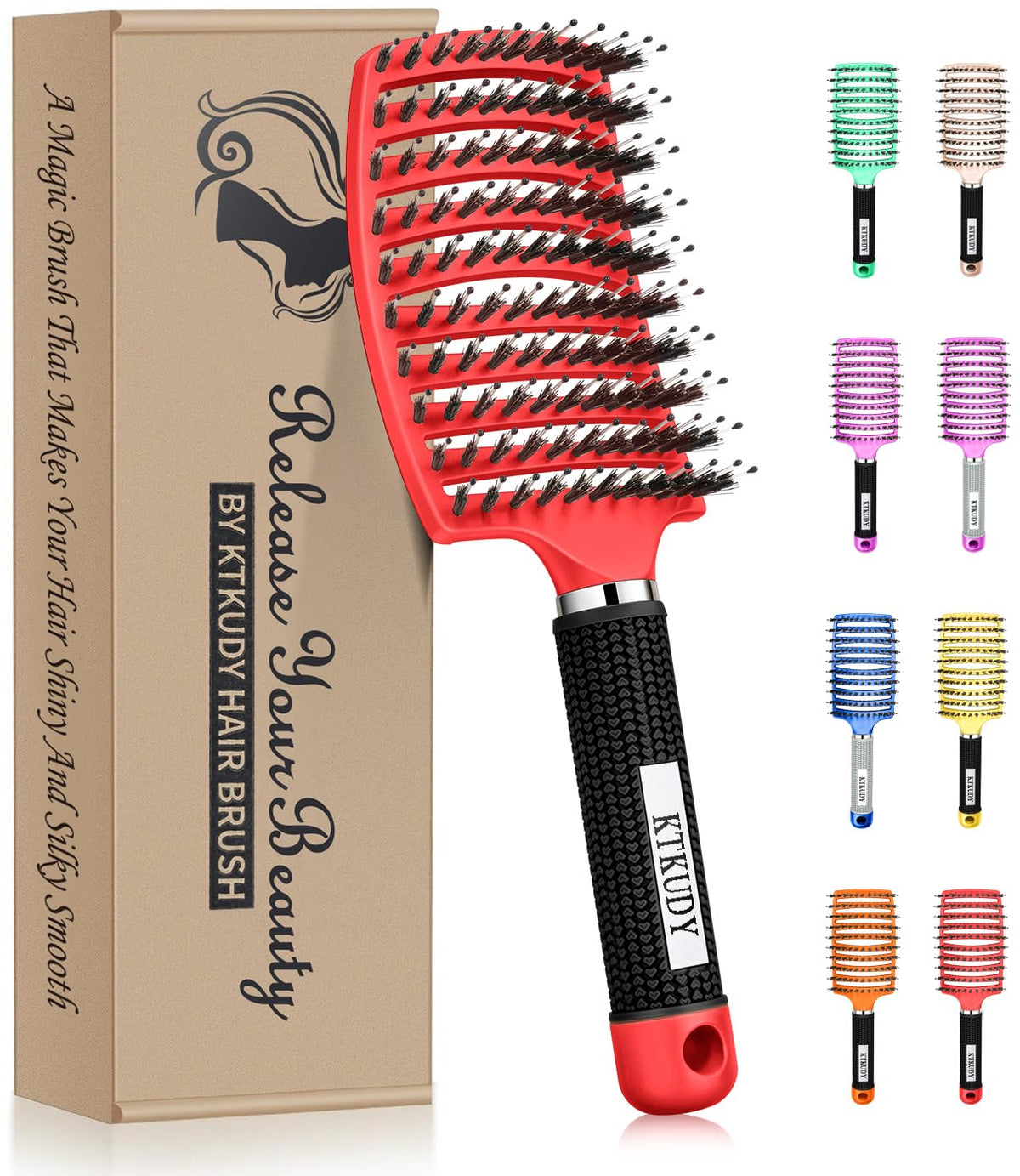 KTKUDY Detangling Brush front view with mixed bristles