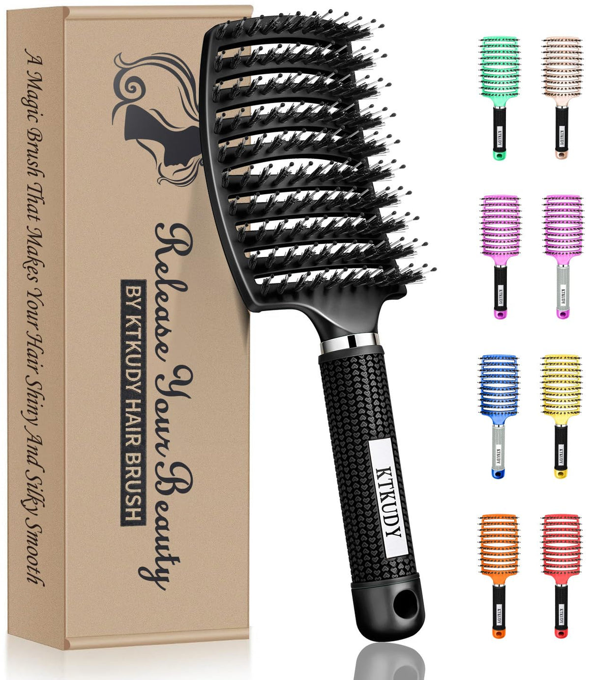 KTKUDY Detangling Brush front view with mixed bristles