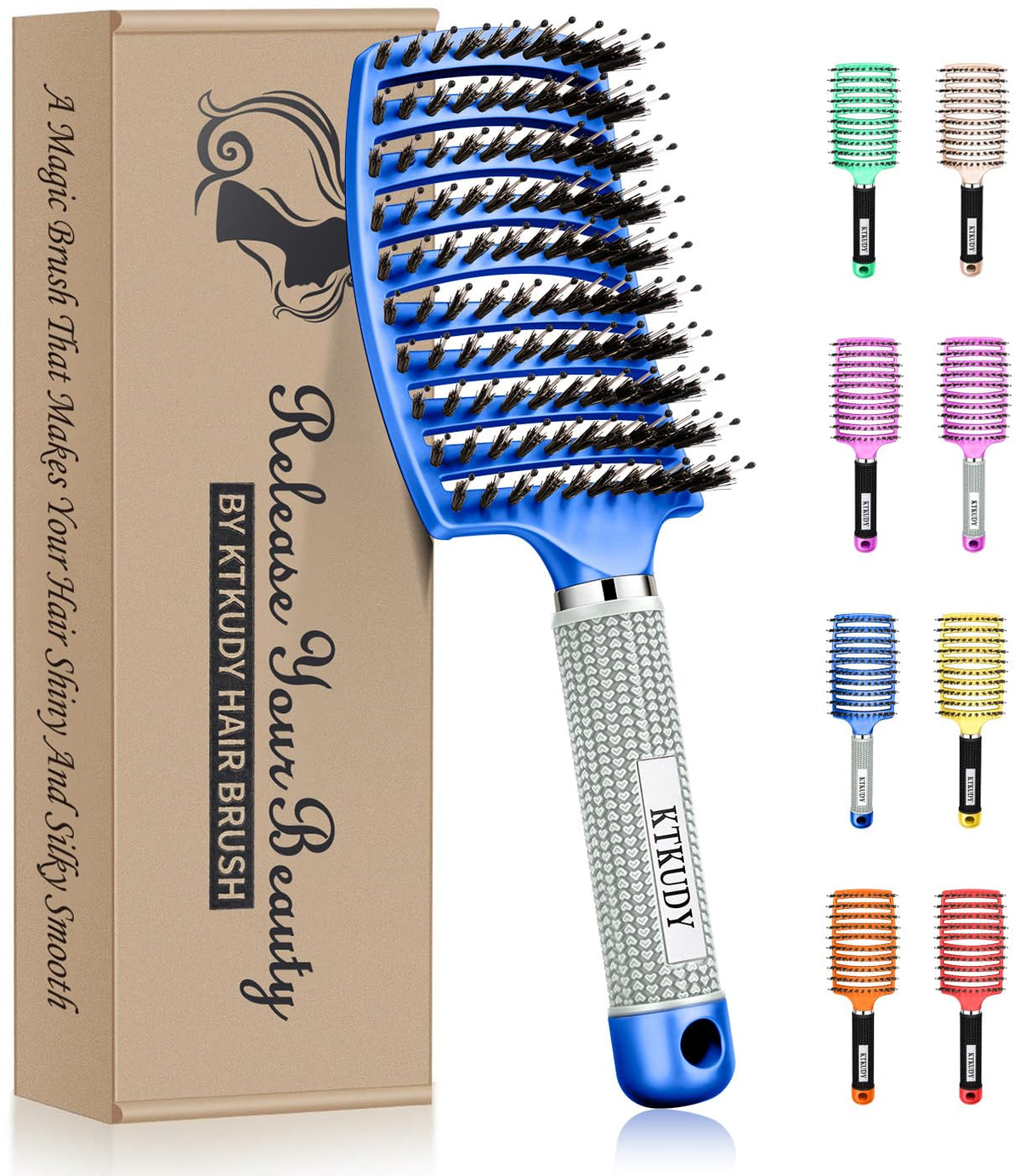 KTKUDY Detangling Brush front view with mixed bristles