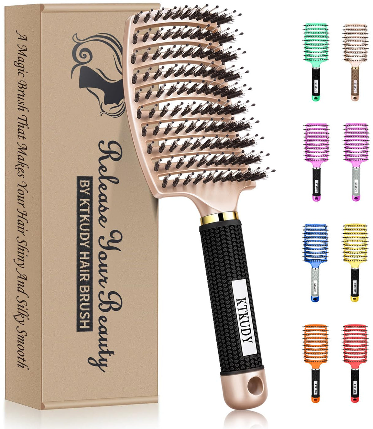 KTKUDY Detangling Brush front view with mixed bristles