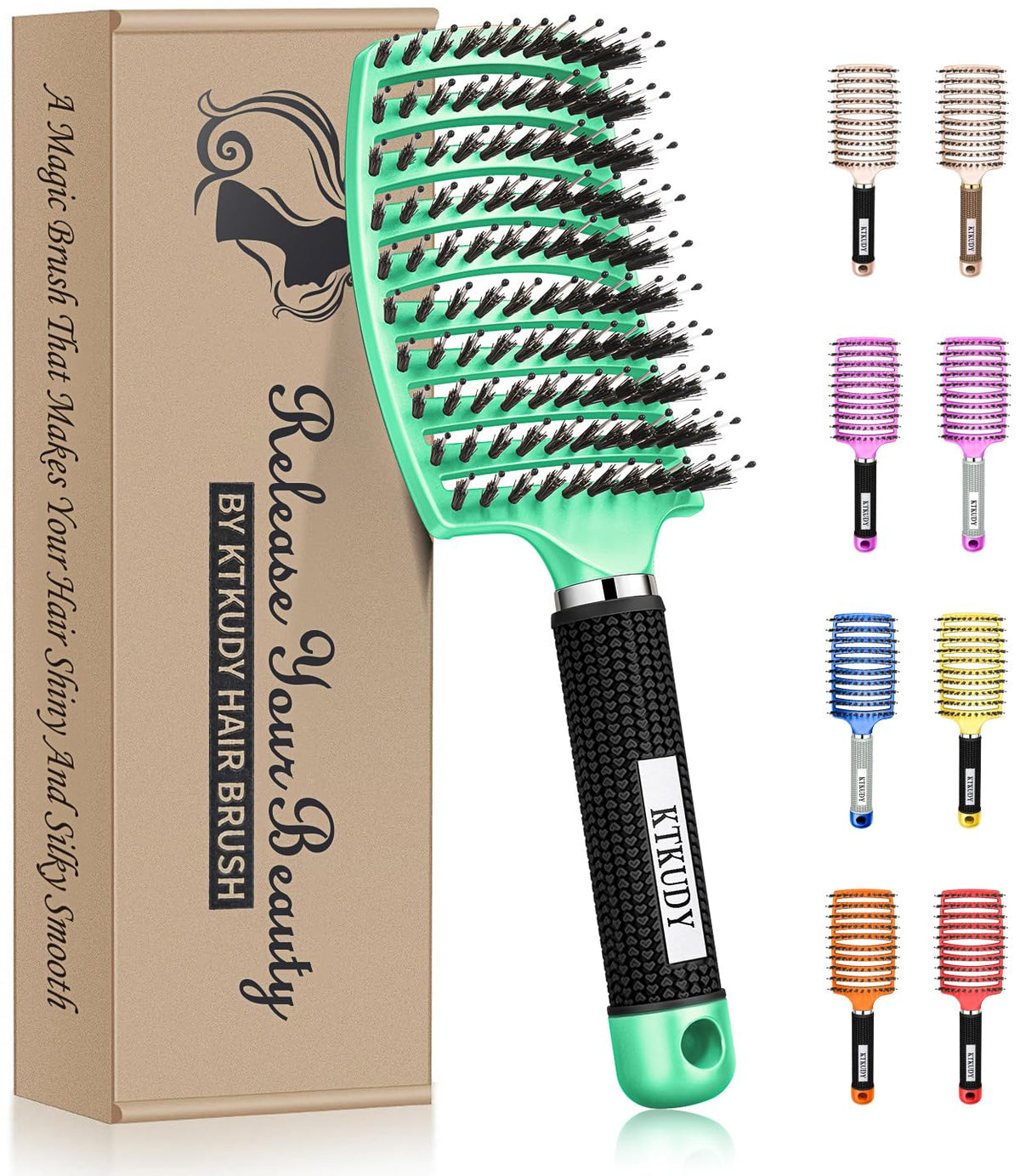 KTKUDY Detangling Brush front view with mixed bristles