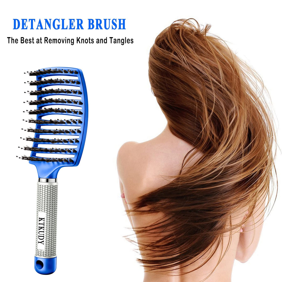 KTKUDY Detangling Brush in hand demonstrating non-slip grip