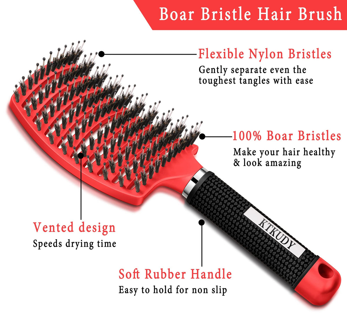 KTKUDY Detangling Brush showing ergonomic handle design