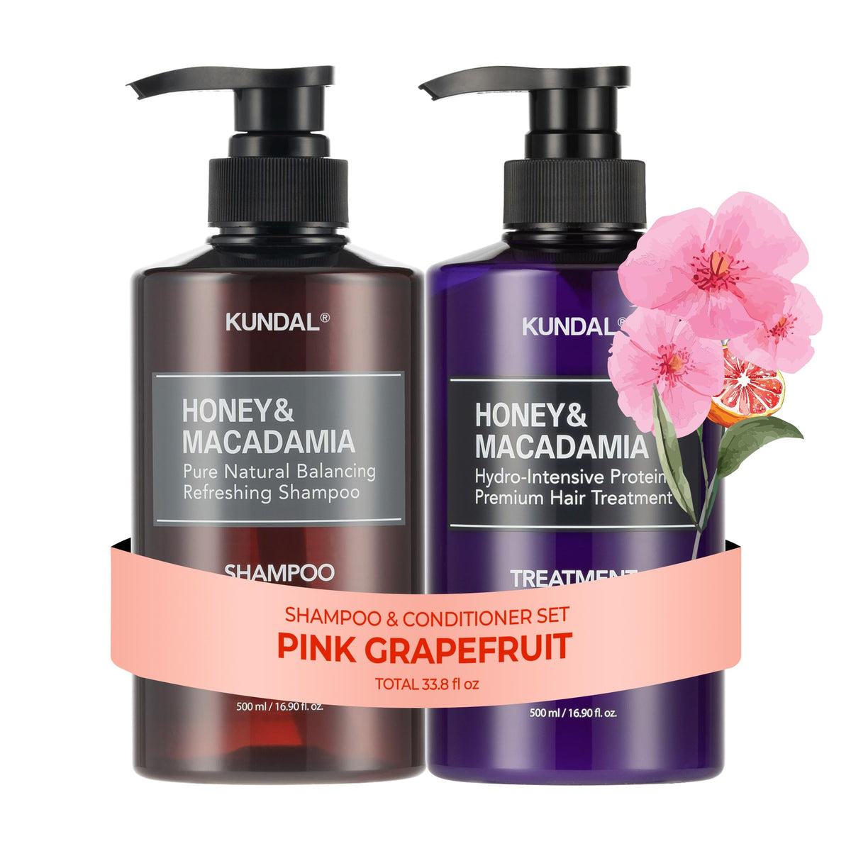 KUNDAL Honey & Macadamia Shampoo bottle front view with Pink Grapefruit scent