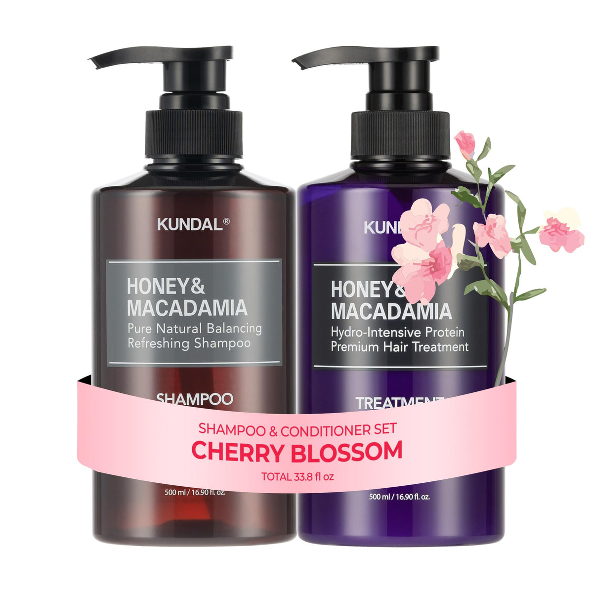 KUNDAL Honey & Macadamia Shampoo & Conditioner Set front view with Cherry Blossom scent