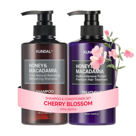 KUNDAL Honey & Macadamia Shampoo & Conditioner Set front view with Cherry Blossom scent
