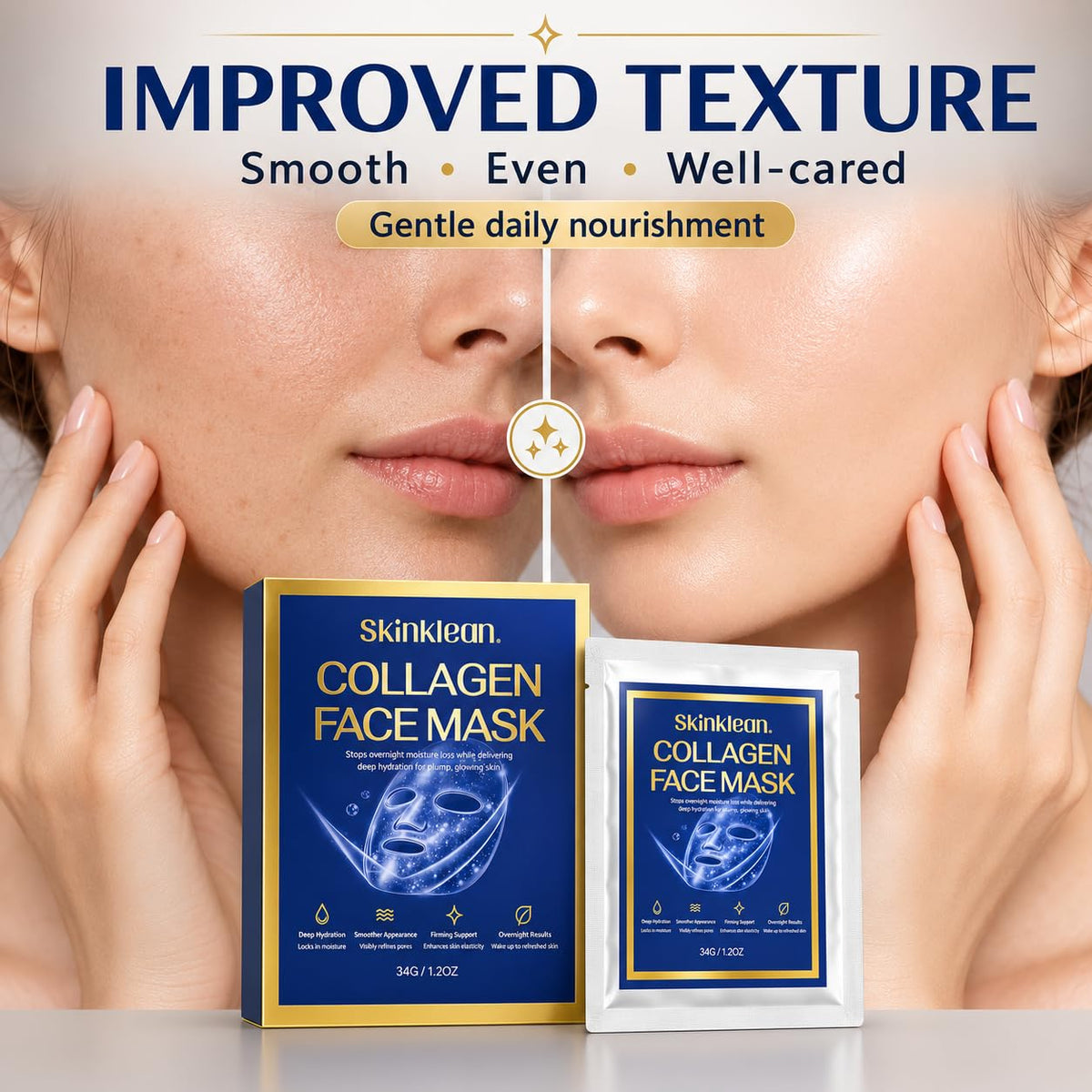 Kymezol SkinKlean Collagen Face Mask being applied to a woman's face
