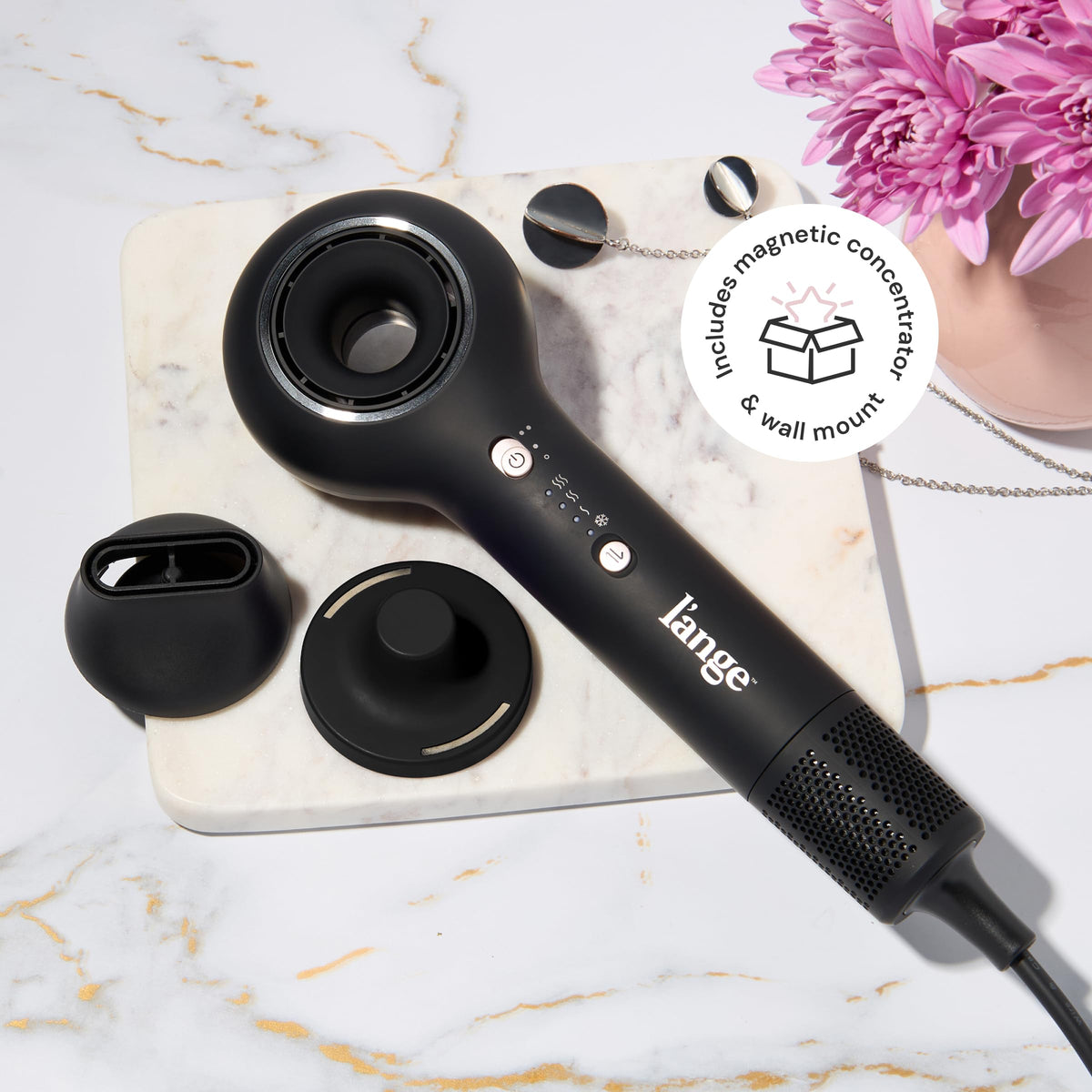 L'ANGE HAIR Axia HaloRing Ionic Hair Dryer mounted on wall