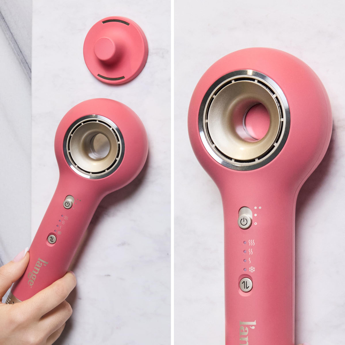 L'ANGE HAIR Axia HaloRing Ionic Hair Dryer showing heat settings