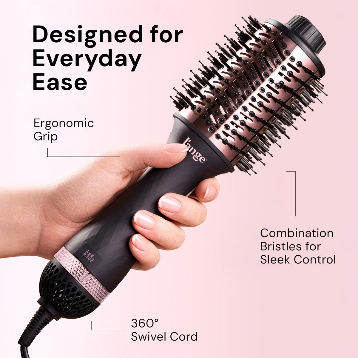 L'ANGE HAIR Blow Dryer Brush with heat settings displayed