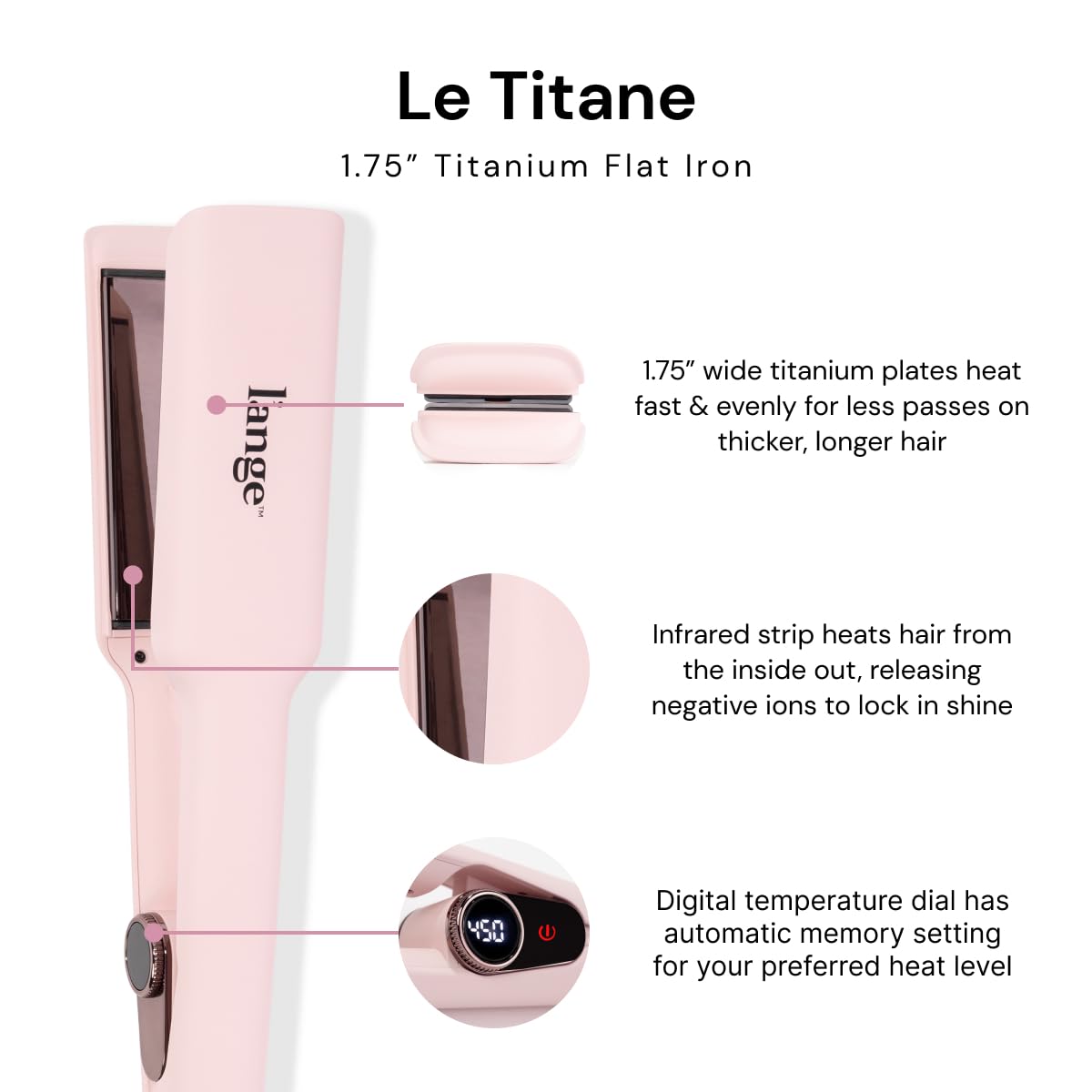 L'ANGE HAIR Le Titane Titanium Flat Iron side view showing curved edges