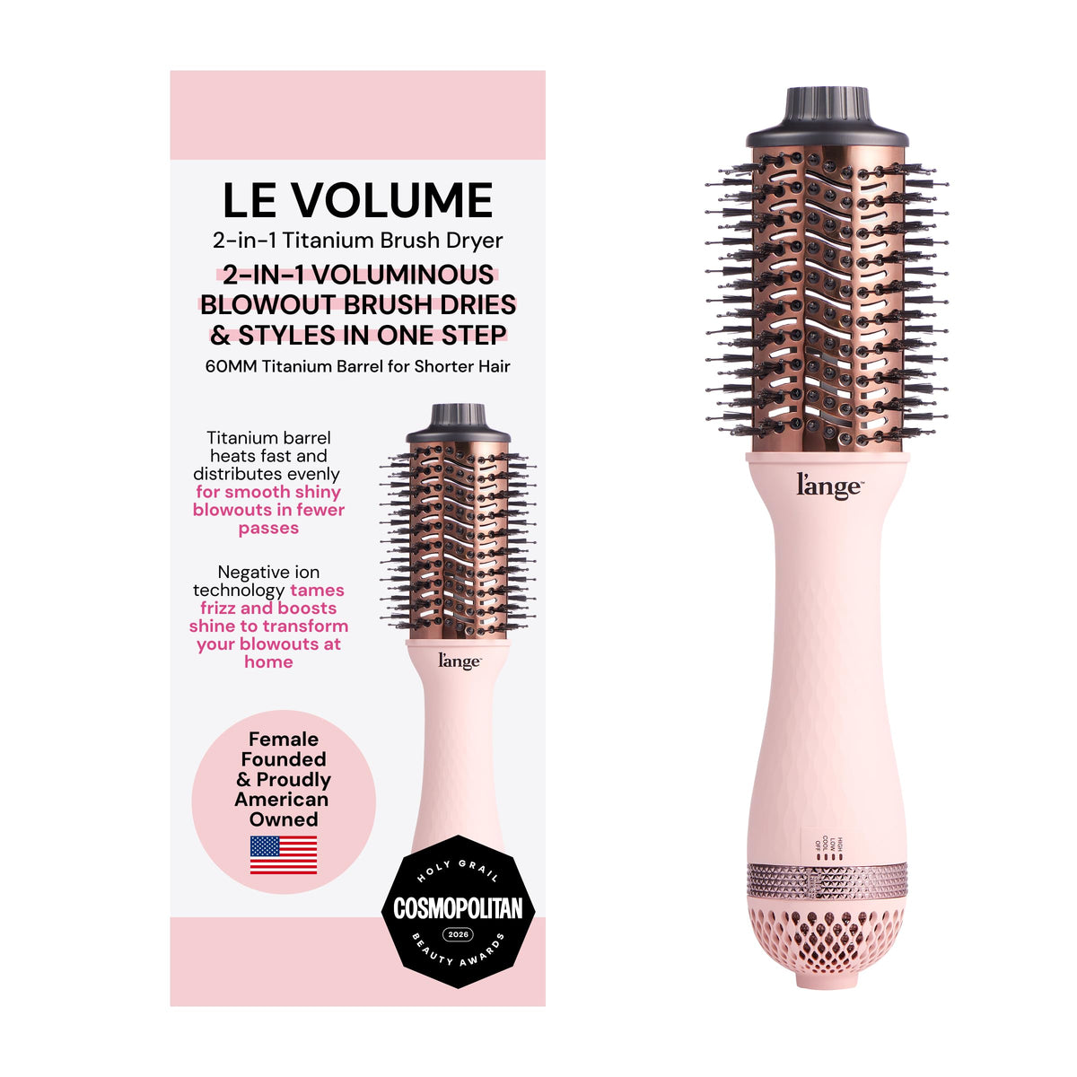 L'ANGE HAIR Le Volume 2-in-1 Blow Dryer Brush front view in blush
