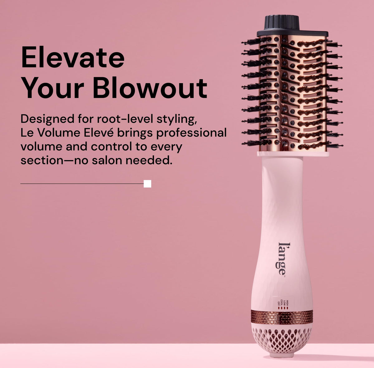 L'ANGE HAIR Le Volume Elevé Brush Dryer showing unique teardrop barrel