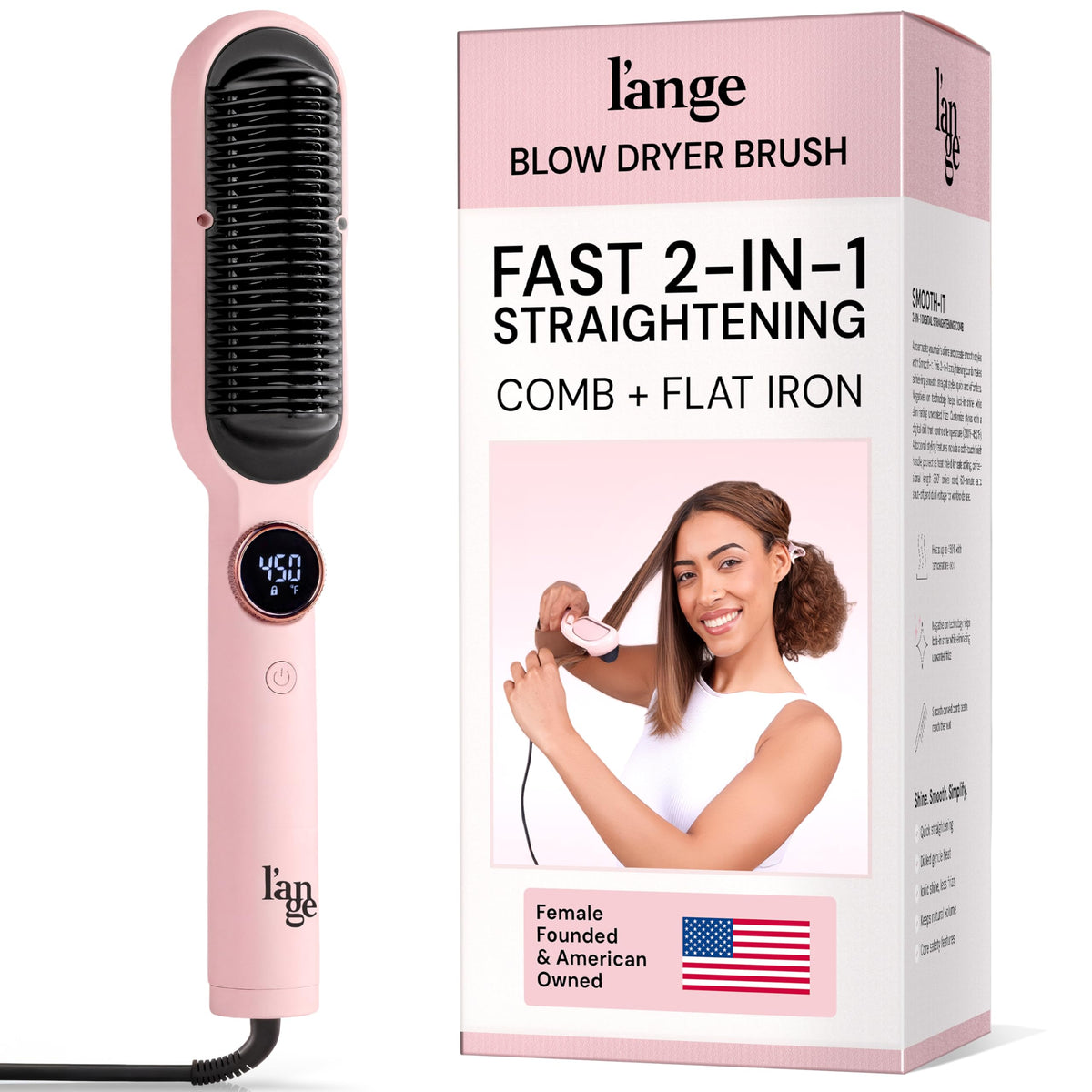 L'ANGE HAIR Smooth It 2-in-1 Hair Straightener Brush in blush colour, front view