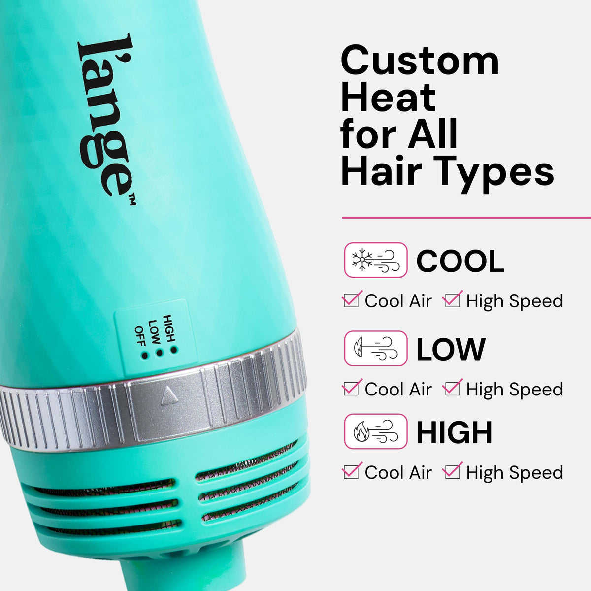 L'ANGE HAIR VolumeBoost brush dryer showing heat settings