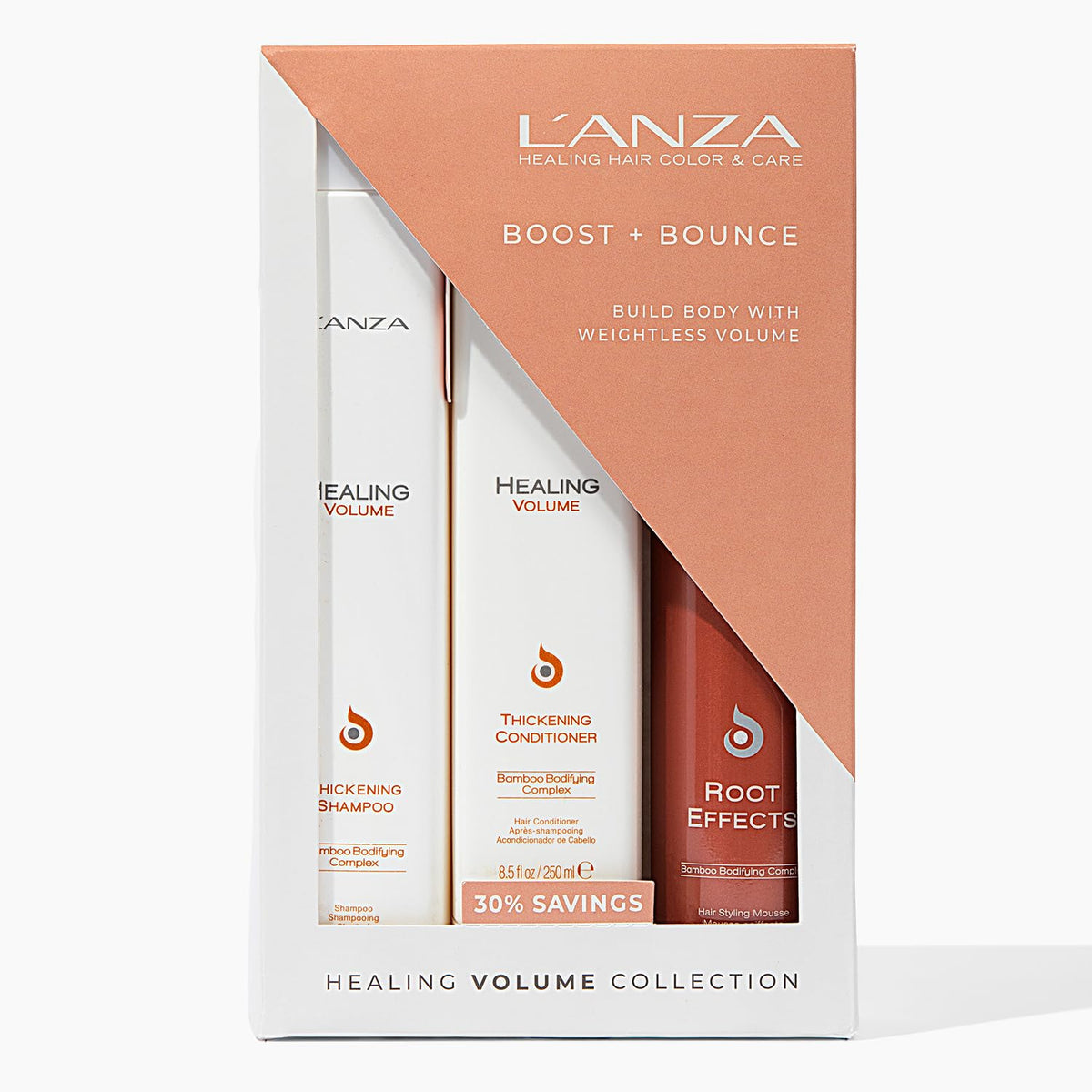 L'ANZA Healing Volume Trio Hair Kit front view with shampoo, conditioner, and mousse