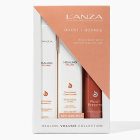 L'ANZA Healing Volume Trio Hair Kit front view with shampoo, conditioner, and mousse