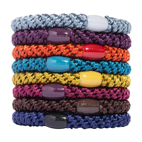 L. Erickson colorful hair ties in plum, slate blue, fiery orange, and golden yellow