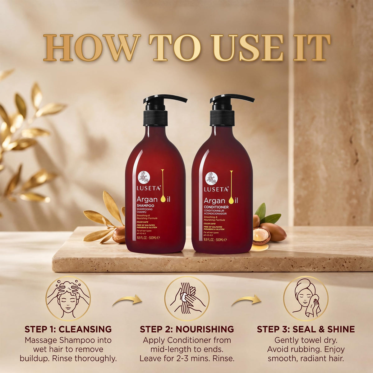 L LUSETA Argan Oil Shampoo and Conditioner with Argan nuts