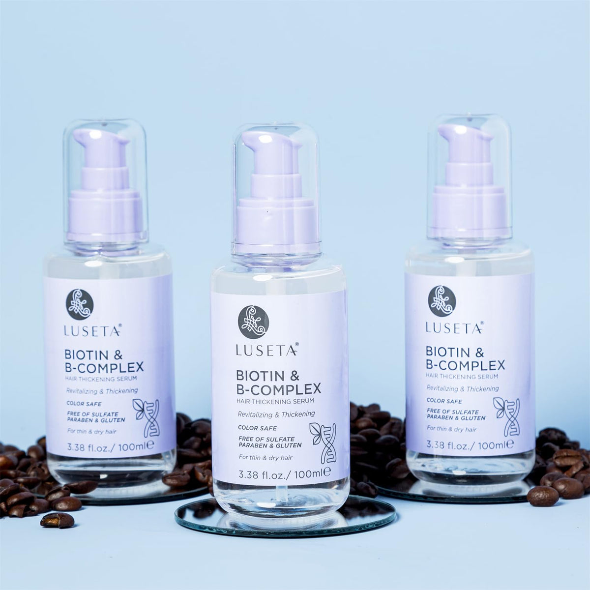 L LUSETA Biotin B-Complex Hair Growth Serum on bathroom shelf