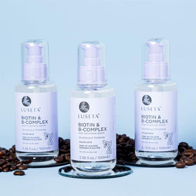L LUSETA Biotin B-Complex Hair Growth Serum on bathroom shelf
