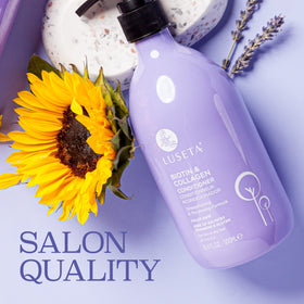 L LUSETA Biotin & Collagen Conditioner in bathroom setting