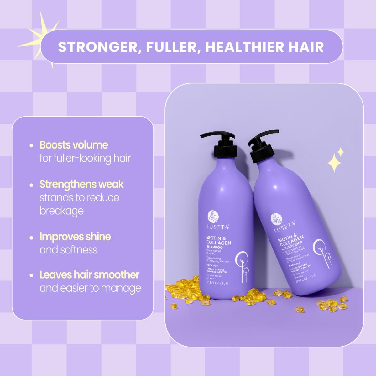L LUSETA Biotin & Collagen Shampoo close-up of bottle