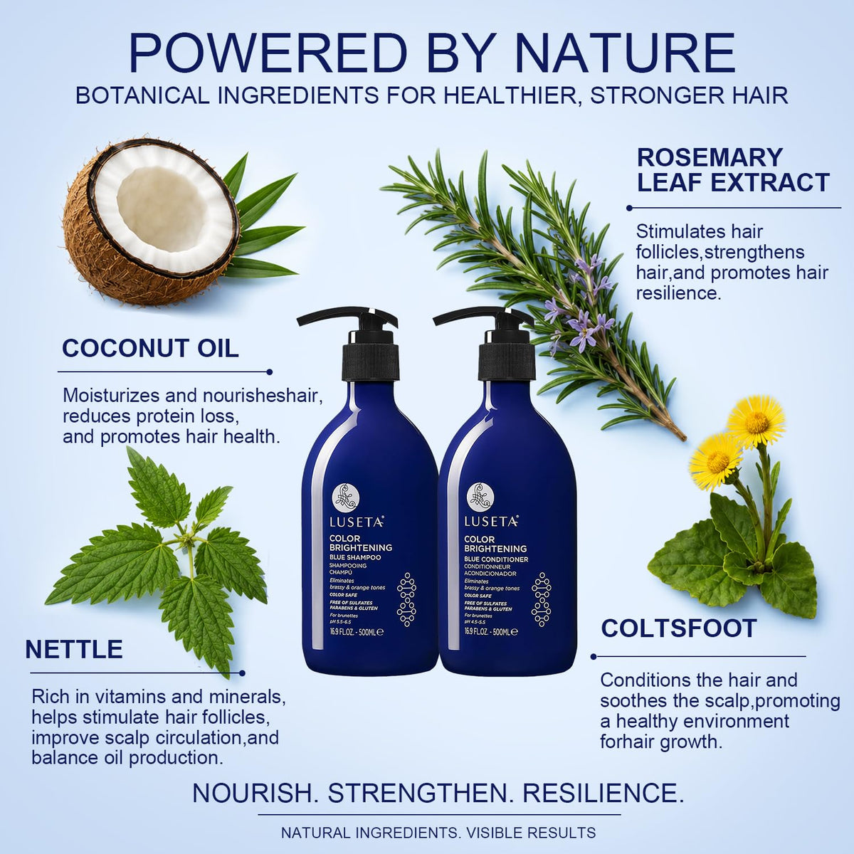 L LUSETA Blue Shampoo and Conditioner set on a bathroom shelf