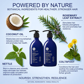 L LUSETA Blue Shampoo and Conditioner set on a bathroom shelf