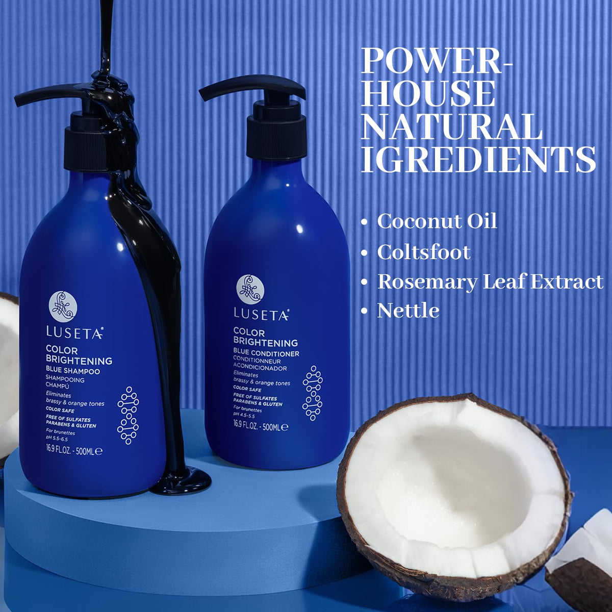 L LUSETA Blue Shampoo bottle with coconut oil background