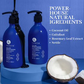 L LUSETA Blue Shampoo bottle with coconut oil background
