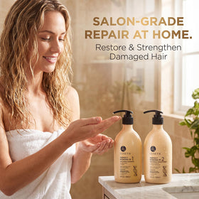 L LUSETA Bond Repair Shampoo and Conditioner in bathroom setting