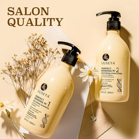 L LUSETA Bond Repair Shampoo and Conditioner on a vanity