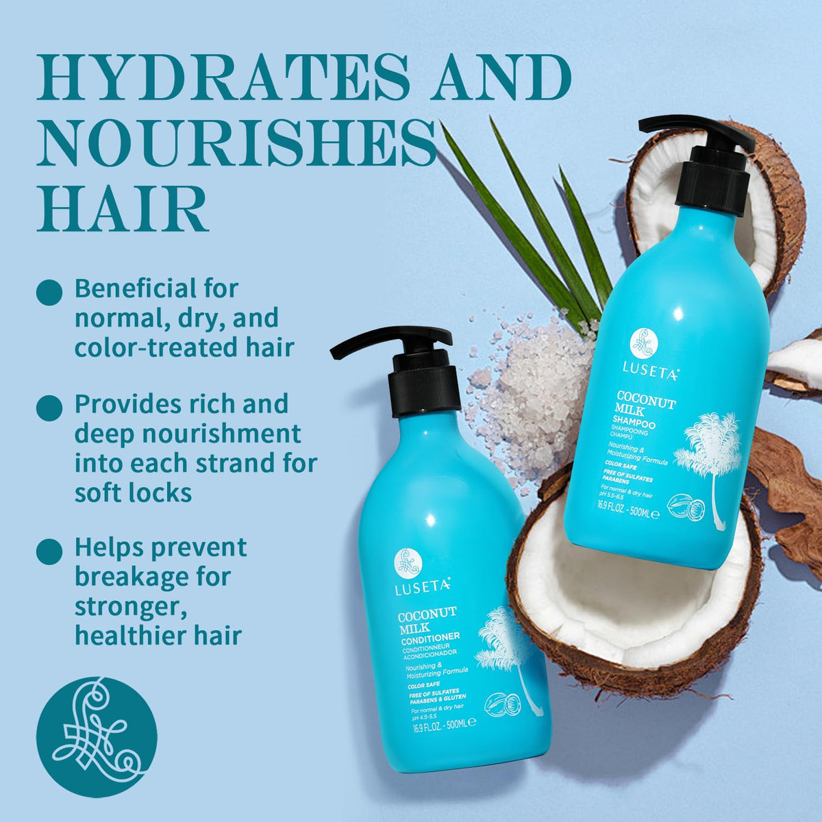 L LUSETA Coconut Oil Shampoo and Conditioner on a bathroom shelf