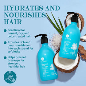 L LUSETA Coconut Oil Shampoo and Conditioner on a bathroom shelf