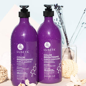 L LUSETA Color Brightening Purple Shampoo and Conditioner on a bathroom shelf