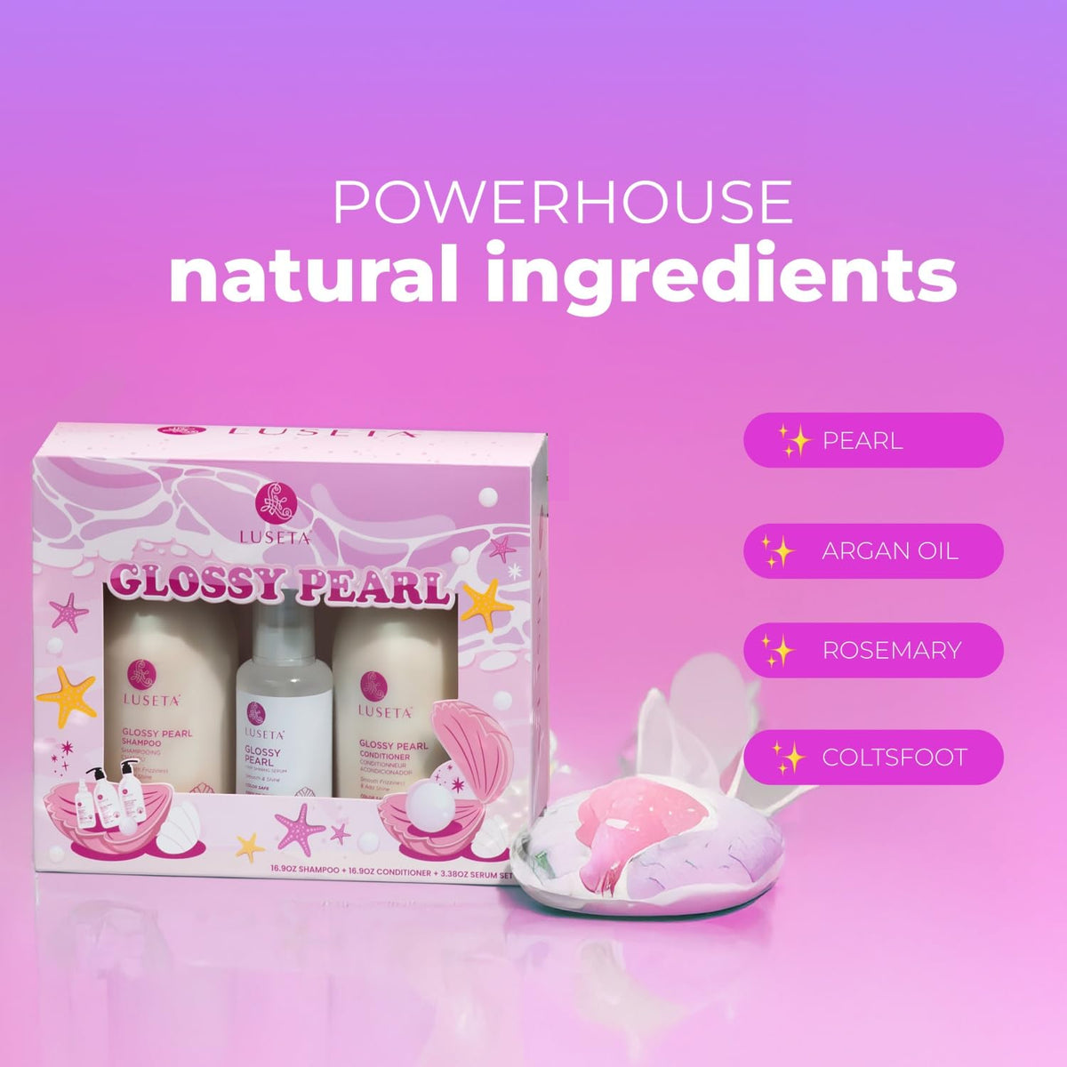 L LUSETA Glossy Pearl Hair Care Set displayed on a bathroom counter