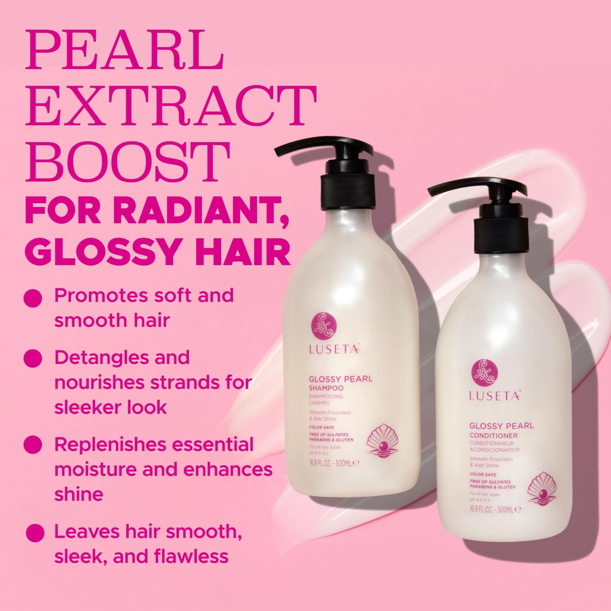 L LUSETA Glossy Pearl Shampoo and Conditioner bottles on a bathroom shelf
