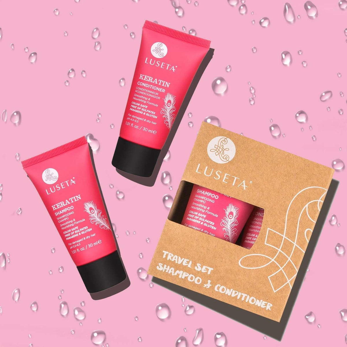 L LUSETA Keratin Shampoo and Conditioner bottles side view