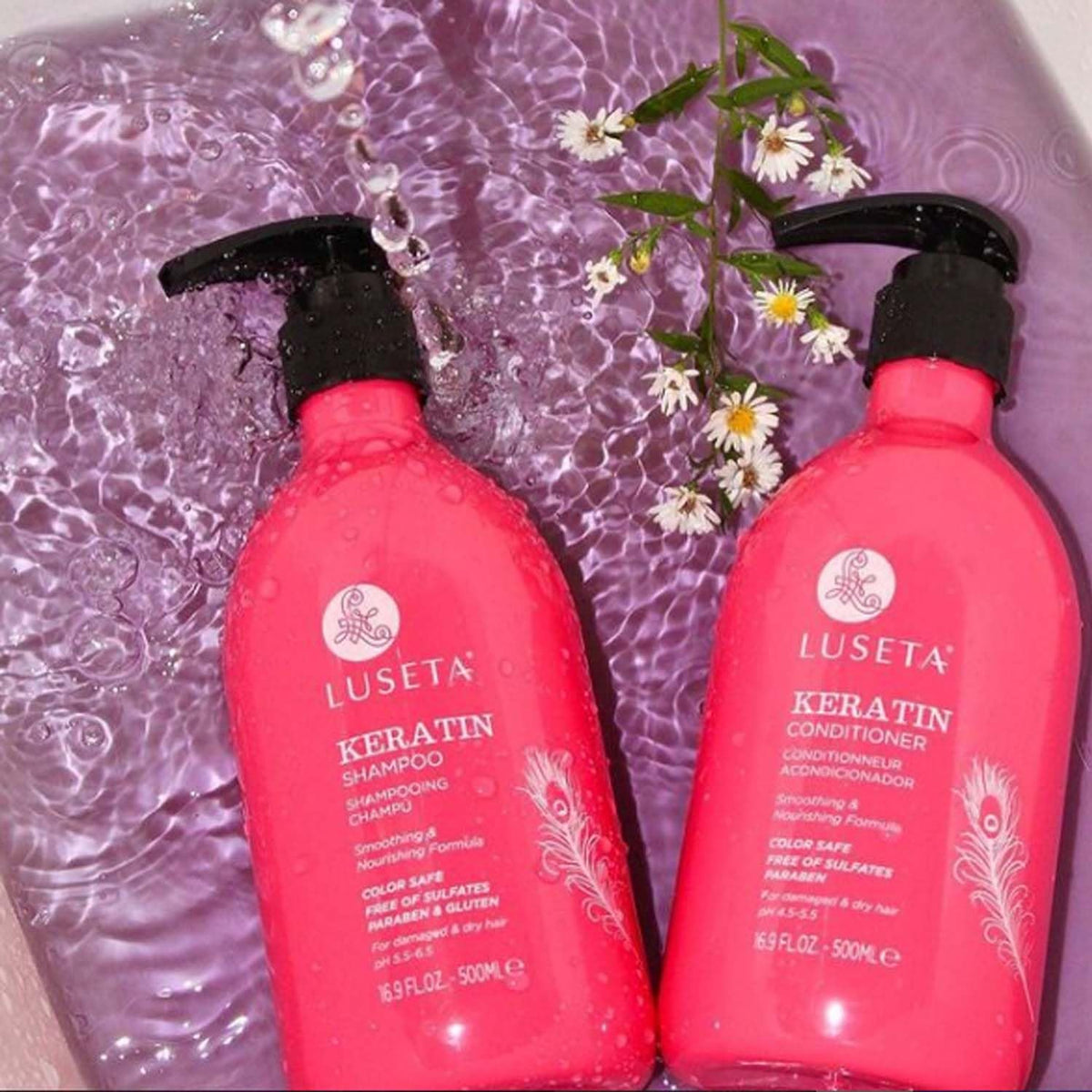 L LUSETA Keratin Shampoo and Conditioner packaging display