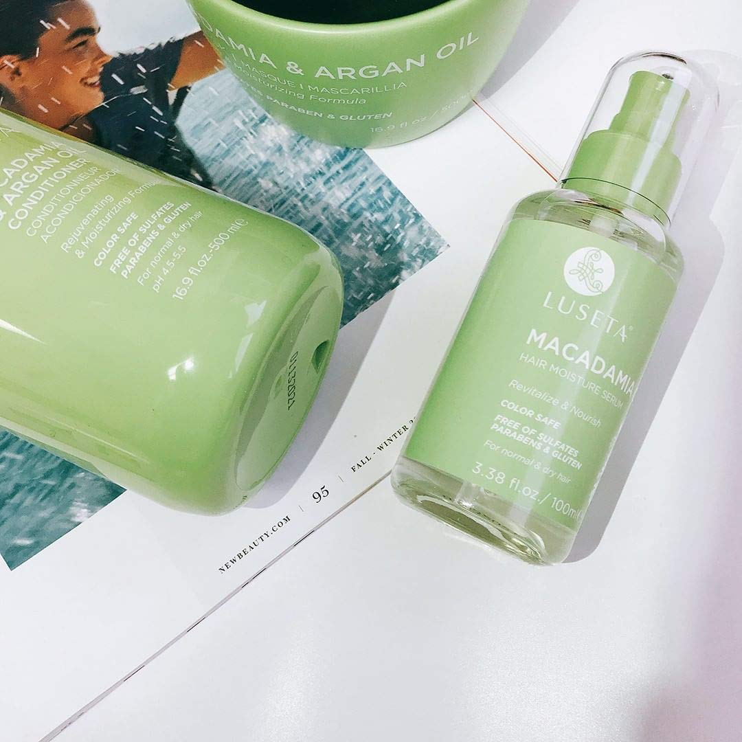 L LUSETA Macadamia Oil Hair Moisture Serum on a vanity
