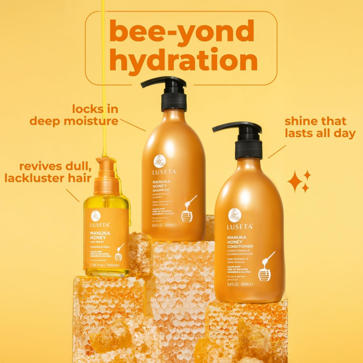 L LUSETA Manuka Honey shampoo and conditioner on a bathroom shelf