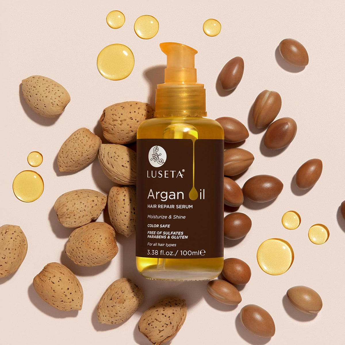 L LUSETA Pure Argan Oil Hair Serum with natural background