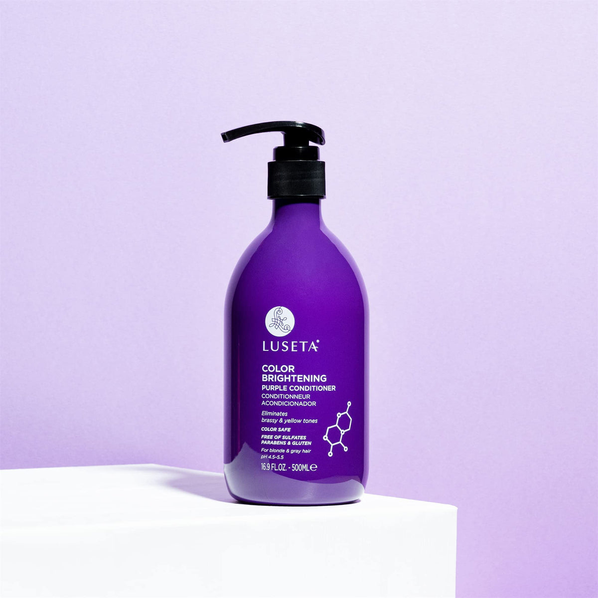 L LUSETA Purple Conditioner on a vanity table