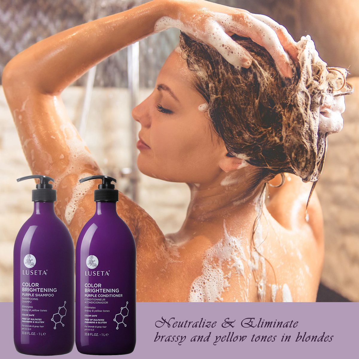 L LUSETA Purple Shampoo 33.8oz on a bathroom shelf